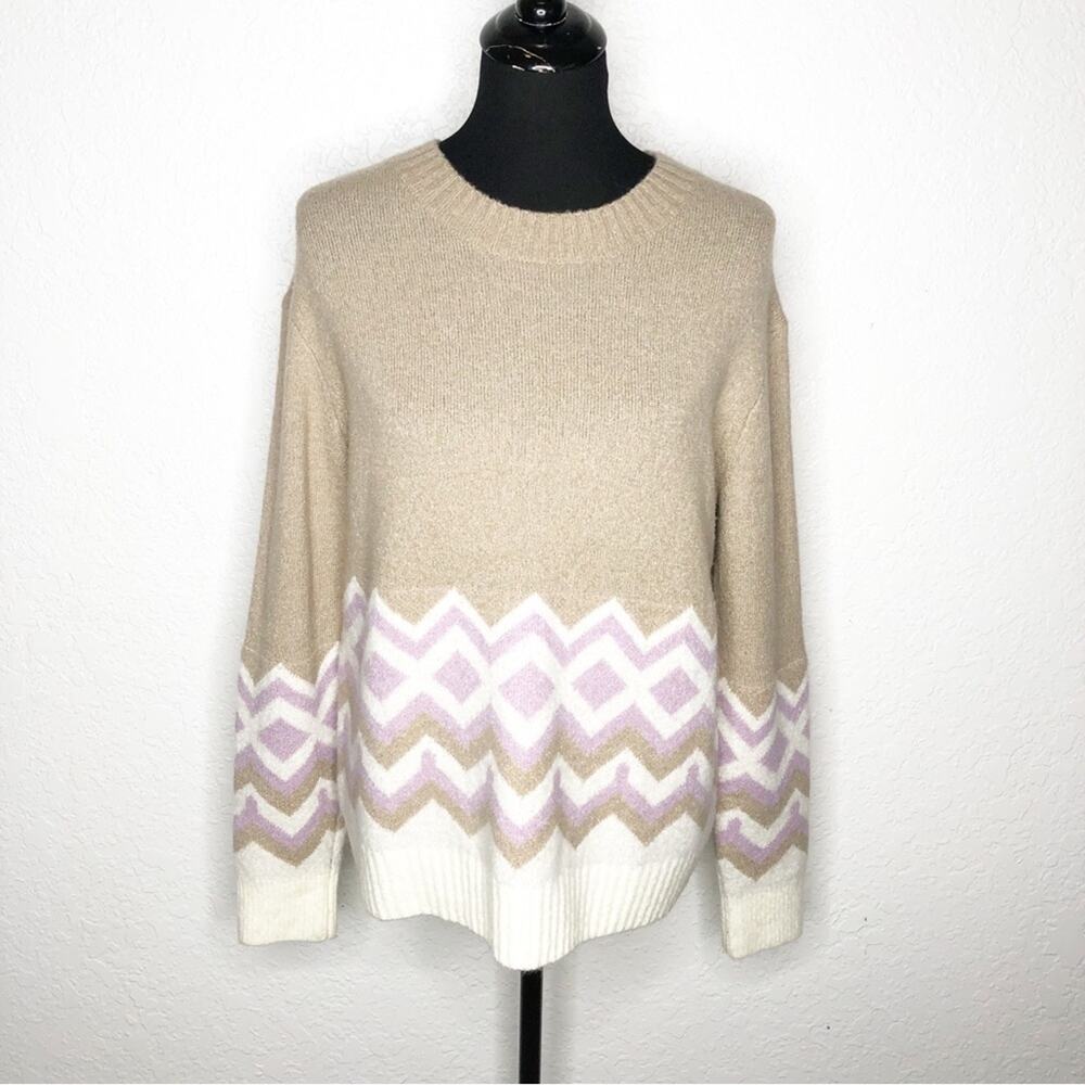 J Crew tan cream purple geometric chevron wool blend sweater size Small